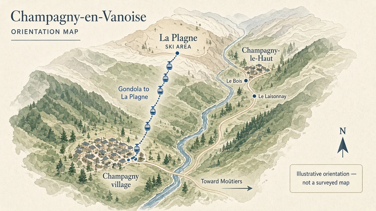 Illustrated orientation map of Champagny village, the gondola toward La Plagne, and Champagny-le-Haut upper valley